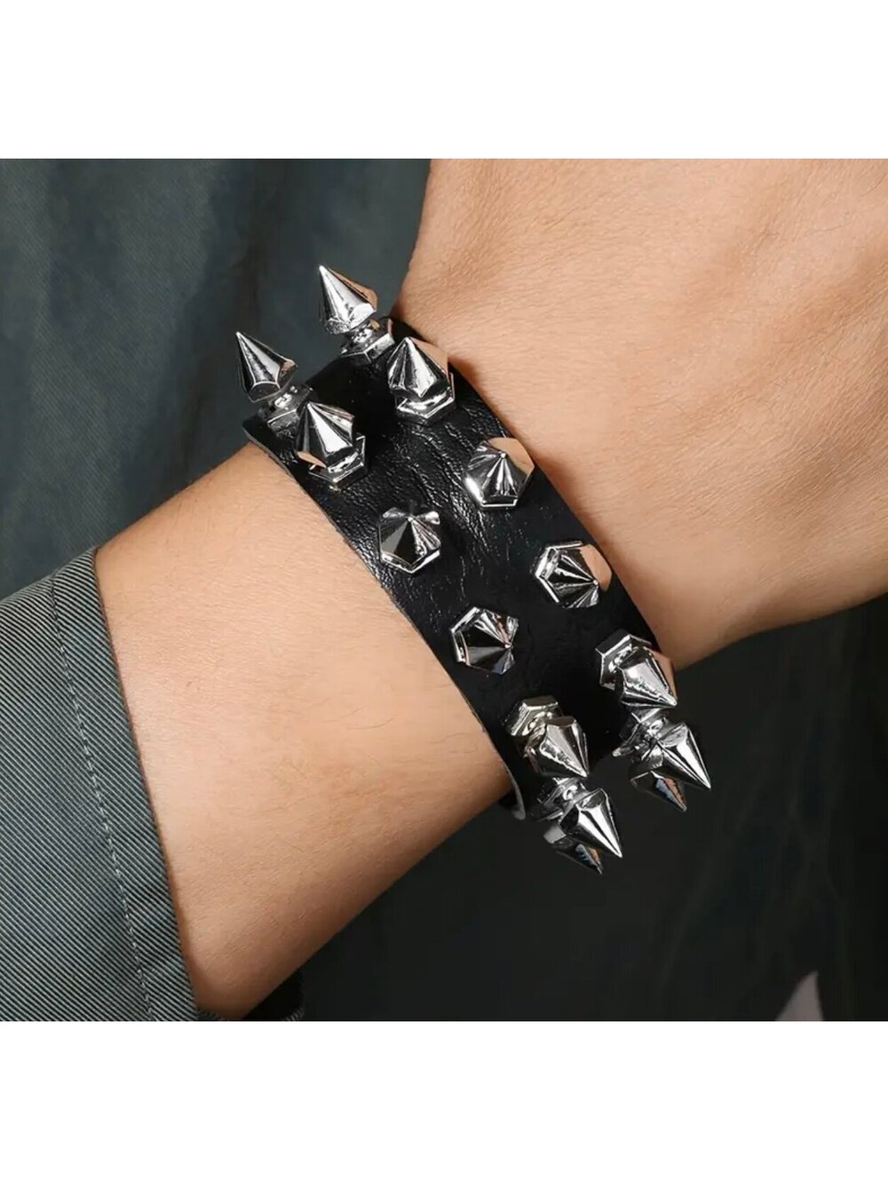 New - Chic - Double Row Spike Design Faux Leather Studded Bracelet